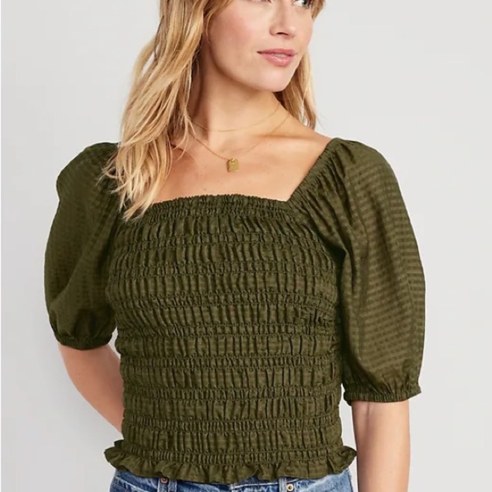 Old Navy Green Smocked Blouse with 3/4 Sleeves